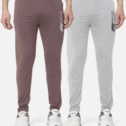 Bullmer Taupe & Grey Melange Cotton Slim Fit Printed Sports Trackpants- Pack Of 2-image-2