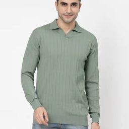 Kalt Men Full Sleeves Textured Knit Polo Collar T-Shirt-image-60