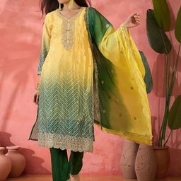HERE&NOW Bandhani Printed V-Neck Sequinned Straight Kurta With Trousers & Dupatta-image-26