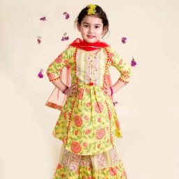 Pspeaches Girls Yellow Cotton Blend Regular Fit Floral Print Kurta Set-picture-5