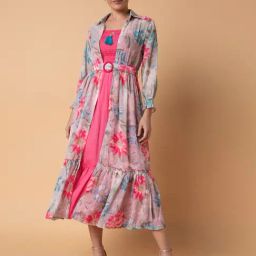 SHOWOFF Pink Printed Midi Dress With Shrug & Belt-image-35