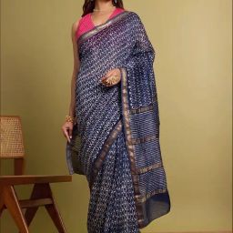 Taneira Blue Printed Saree With Unstitched Blouse-image-83