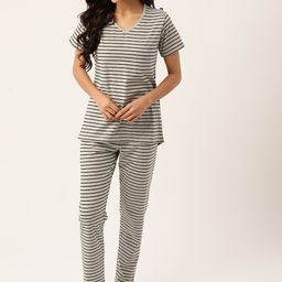 ETC Women Grey & Black Striped Pure Cotton Night suit-image-25