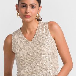 Globus Cream-Coloured Embellished V-Neck Sequinned Top-image-51