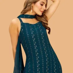 PARROT CREATION Floral Embroidered Sequinned Georgette Kurti With Sharara And Dupatta image 2