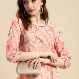 all about you Women Peach-Coloured & Red Printed Pure Cotton Kurta-13