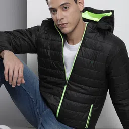 The Indian Garage Co Men Black Solid Padded Jacket with Detachable Hood-picture-25