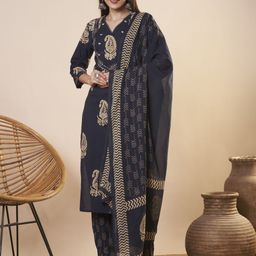 FASHOR Women Ethnic Motifs Printed Regular Gotta Patti Pure Cotton Kurta with Trousers & With Dupatta-49