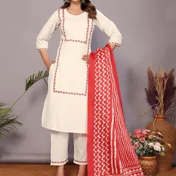 DIVASTRI Women Floral Embroidered Regular Thread Work Pure Cotton Kurta with Trousers & With Dupatta-picture-51