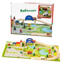 HAPPY HUES Wooden Track Car Bridge Toy Set with Puzzle Playmat & Scenic Accessories - 40 Pieces-14