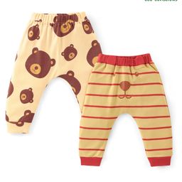 Babyoye 100% Cotton With Eco Jiva Finish Striped & Bear Printed Full Length Diaper Pant Pack of 2 - Brown-image-128