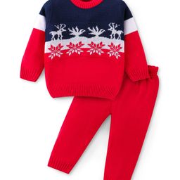 Babyhug Knitted Full Sleeves Sweater Set With Deer Design - Red-image-38