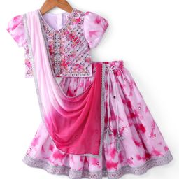 Babyhug Sleeveless Mirror Embroidered Choli with Tie & Dye Lehenga Set With Dupatta - White & Pink-image-104