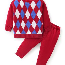 Babyhug Knitted Full Sleeves Sweater Set With Diamond Design - Red-image-86