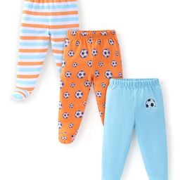 Babyhug Cotton Full Length Bootie Leggings Stripes & Football Print Pack Of 3- Blue & Orange-image-25