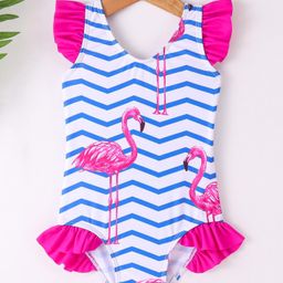 Kookie Kids  Frill Sleeves V Cut Swimsuit Striped with Flamingo Print - Blue-picture-10