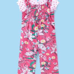 Babyhug Cotton Knit Floral Printed Dungree Style Jumpsuit with Half Sleeves Inner Tee - Pink & White-image-69