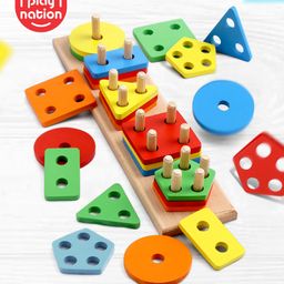 Play Nation Montessori Wooden Geometric Shape Sorter & Stacking Toy - Multicolour-64