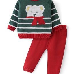 Babyhug Knit Full Sleeves Striped Sweater Set - Olive & Red-image-71