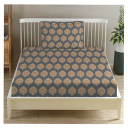 Trance Home Linen Pure Cotton Flat Single Bedsheet with 1 Pillow Cover- Damask Warm Grey Mustard-image-17