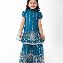 Babyhug Woven Short Sleeves Sequinned Floral Embroidered Kurti Gharara & Dupatta Set - Teal-image-81