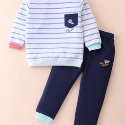 ToffyHouse 100% Cotton Knit Full Sleeves Striped T-Shirt & Lounge Pants Set - Off White & Navy-image-58