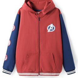 Pine Kids Marvel Terry Knit Full Sleeves Hooded Front Open Sweatjacket with Front & Back Avenger Graphics & Badge Detailing - Dark Red & Blue-image-16