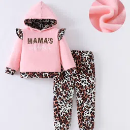 Kookie Kids Full Sleeves Hooded Winter Wear Suit With Frill Detail & Text Print - Pink-picture-5