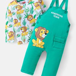 Babyhug Single Jersey Knit Dungaree & Full Sleeves T-Shirt Set with Lion Prints - Green Yellow & White-picture-21