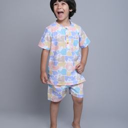 Little Clothing Cotton Woven Half Sleeves Abstract Printed Coordinating Shirt With Shorts -Cream-image-1