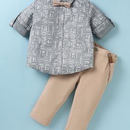 ToffyHouse Poplin Woven Full Sleeves Text Printed Party Shirt & Trouser With Bow & Suspender - Tan-image-80