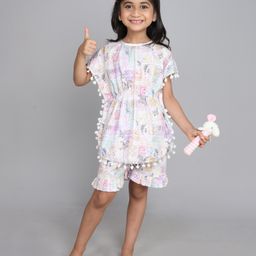 Little Clothing Cotton Woven Half Sleeves Floral Printed Kaftan Top With Coordinating Shorts Set - Multi Colour-image-2