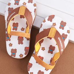 Cute Walk by Babyhug Slip on Flip Flops with Back Strap & Teddy Bear Print - Light Brown & White-image-20