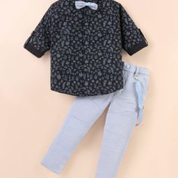 Dapper Dudes Full Sleeves Leaves Printed Shirt With Pant Bow & Suspender Set - Navy Blue-picture-39