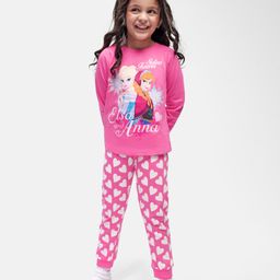 Babyhug Disney Single Jersey Knit Full Sleeves Night Suit with Heart Elsa & Anna Print - DarkPink-image-13