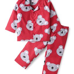 Babyhug Cotton Knit Full Sleeves Night Suit with Bear Print - Red-image-48