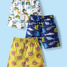 Babyhug Poplin Woven Above Knee Length Boxers With Animal & Sea Life Print Pack Of 3 - Yellow White & Navy Blue-image-63