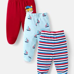 Babyhug Cotton Interlock Knit Full Length Bootie Leggingswith Cub & Boat Print Pack of 3 -Dark Red & Sky Blue-picture-13