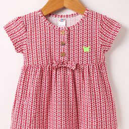Zero Sinker Knit Half Sleeves Printed Frock With Bow Applique - Red-picture-1