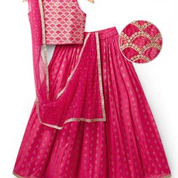 Pine Kids Woven Sleeveless Choli Lehenga Set & Dupatta with Sequin & Foil Print Design - Dark Pink-picture-16