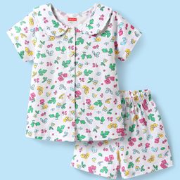 Babyhug Cotton Knit Half Sleeves Co-ords Peter Pan Collared Front Open Shorts Night Suit with Tropical Theme Print - White-image-87