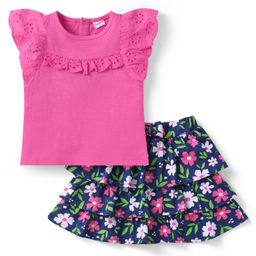 Babyhug Single Jersey Knit Frill Sleeves Top and Skirtwith Frill Detailing & Floral Print -Navy Blue & Pink-image-35