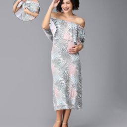 The Mom Store Cotton Lycra Off Shoulder Tropical Theme Printed Maternity Dress With Nursing Access - White-image-26