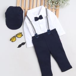 BUMZEE Interlock Knit Full Sleeves Solid Shirt & Pant Set With Suspender & Cap - Navy Blue & White-image-53