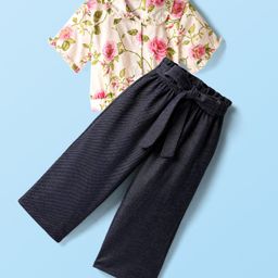 CrayonFlakes Rayon Half Sleeves Floral Printed Shirt Style Crop Top & Belted Palazzo Set - Off White & Blue-image-104