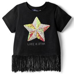 Pine Kids Cotton Knit Half Sleeves Top with Sequin Detailing & Tassel Hem - Black-image-26