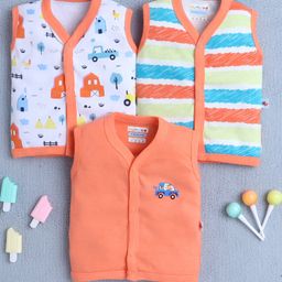 BUMZEE Cotton Knit Sleeveless Vehicle Printed & Striped Jablas Pack of 3 - Orange & White-image-86