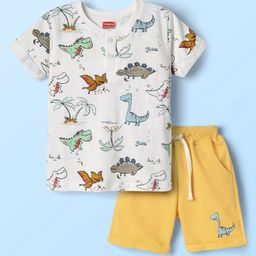 Babyhug Single Jersey Knit Half Sleeves Henley Neck T-Shirt & Shorts Set With Dino Print - White-image-83