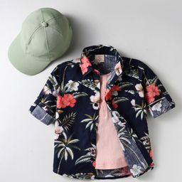 Rikidoos Full Sleeves Plam Trees Printed Shirt With Attached Tee & Cap - Navy Blue & Peach-picture-18