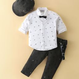 Dapper Dudes Half Sleeves Geometric Printed Shirt & Pant With Bow & Cap Set - Olive Green-image-20